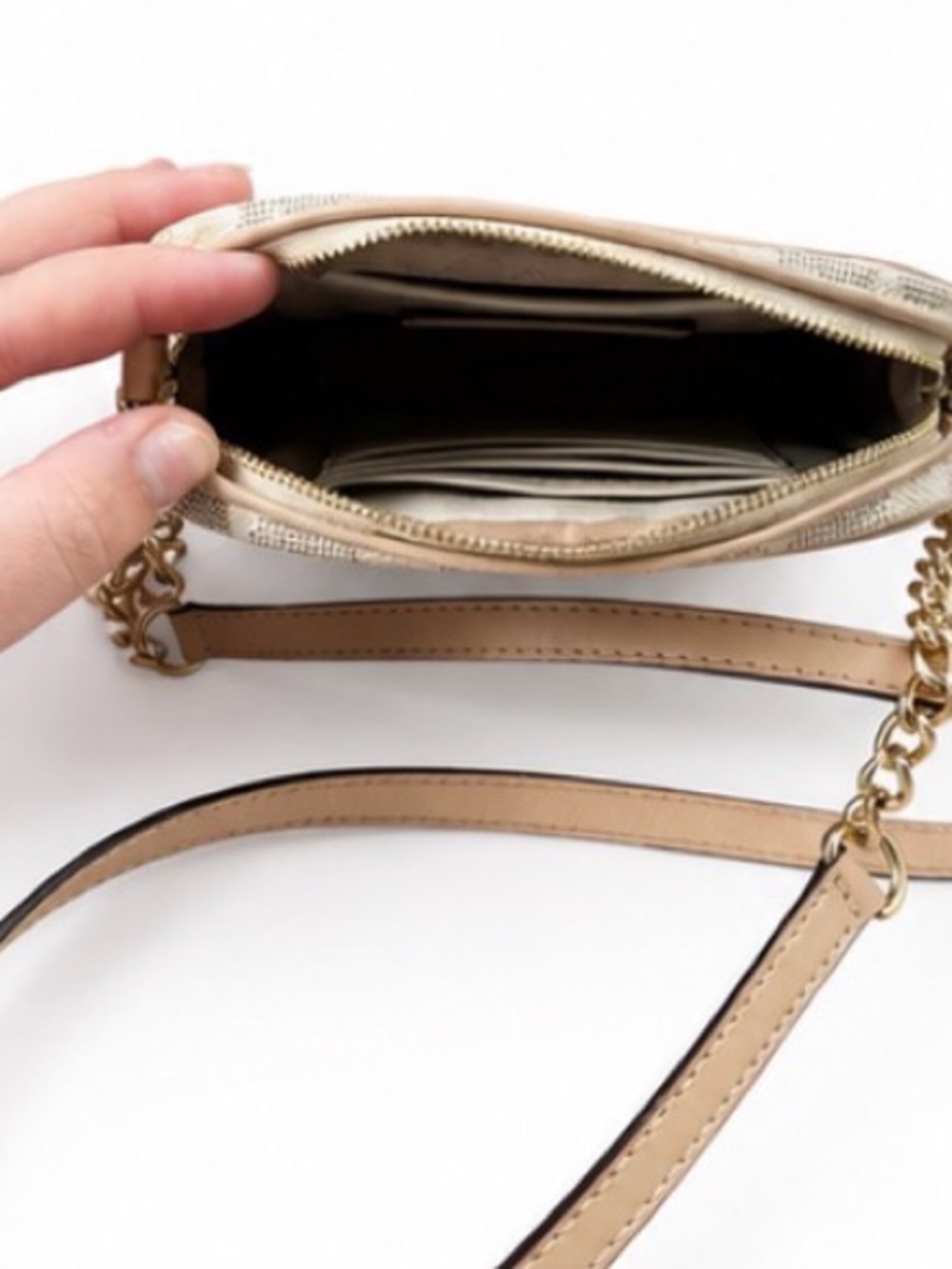 Michael Kors Embossed MK Logo Crossbody in Cream and Tan - Picture 4 of 14